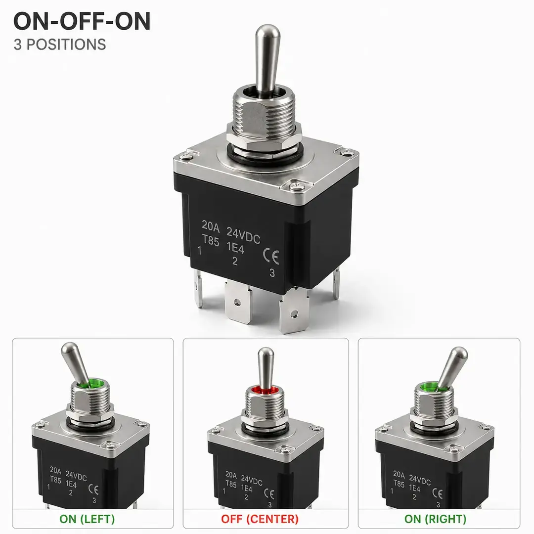 Interruttore a leva DPDT ON-OFF-ON 12/24V a tre posizioni, con LED rosso nella posizione centrale OFF e verde nelle due posizioni ON.