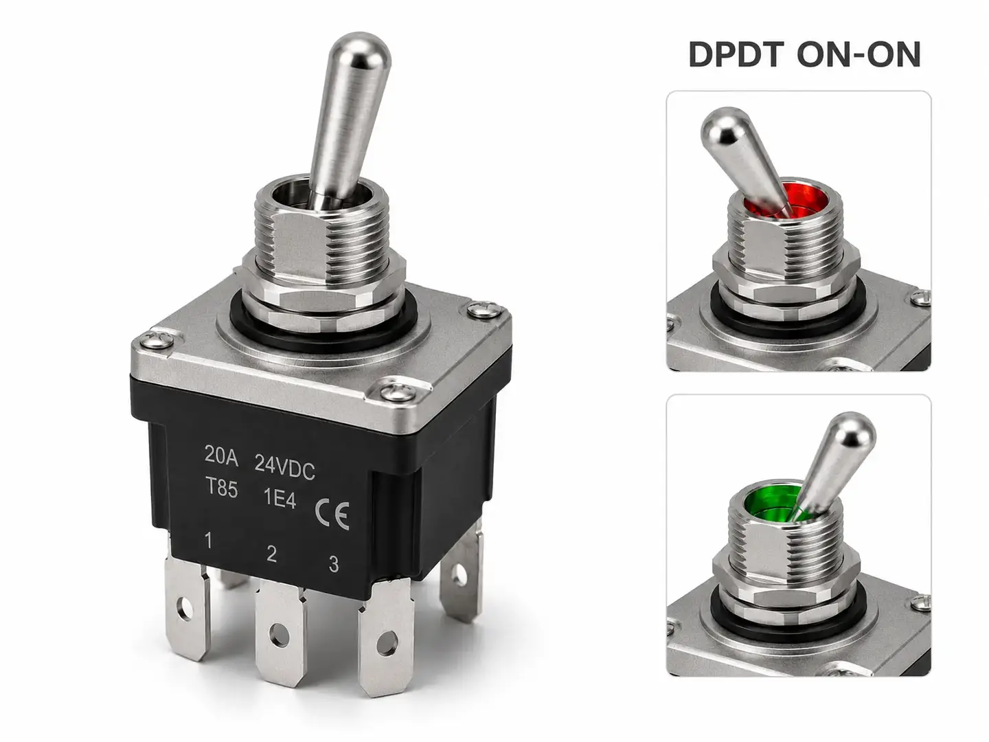 Interruttore a leva DPDT ON-ON da pannello con 6 terminali e LED rosso o verde in base alla posizione selezionata.