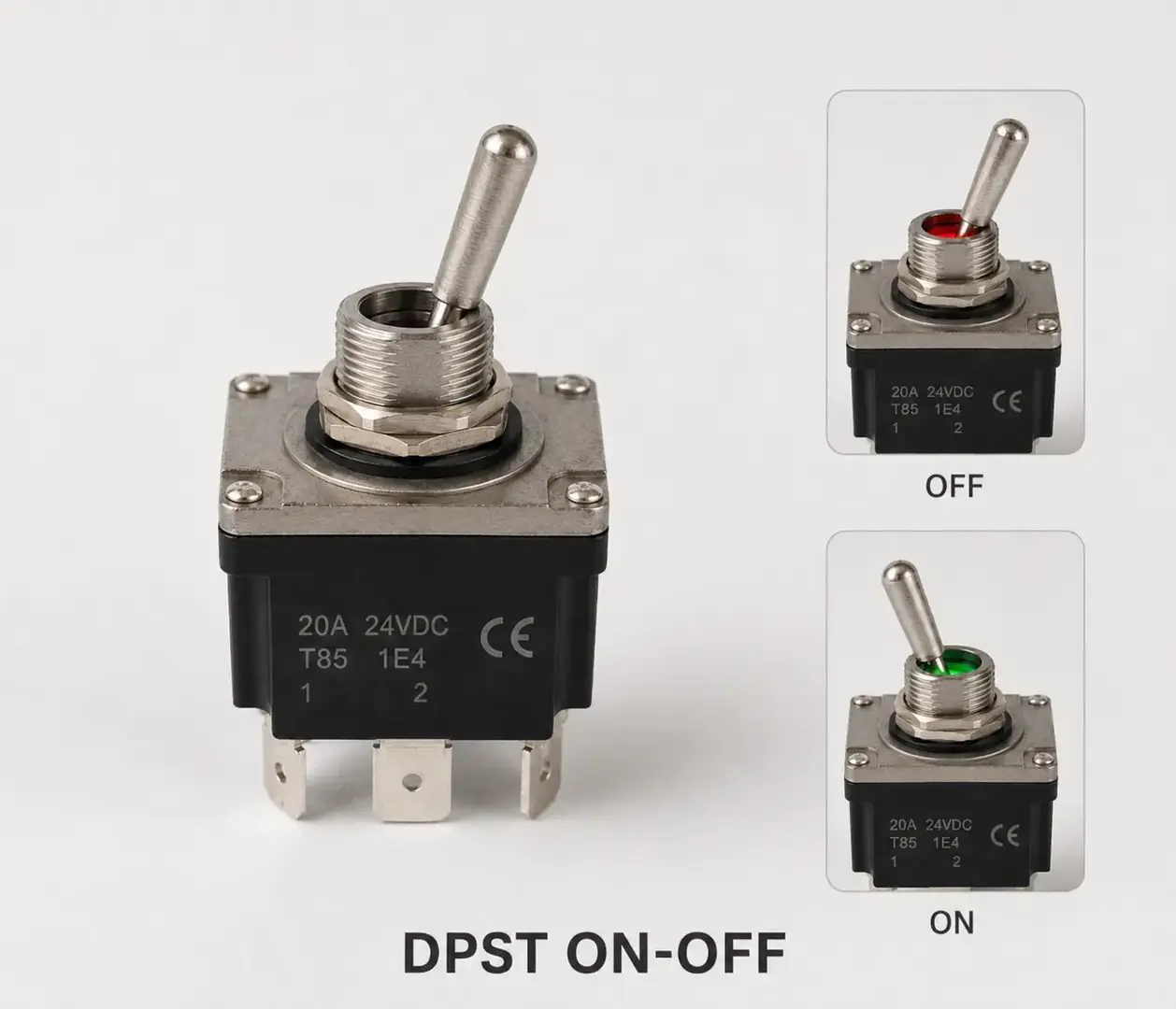 Interruttore a leva DPST ON-OFF 12/24V con 4 terminali e LED rosso in posizione OFF e verde in posizione ON.