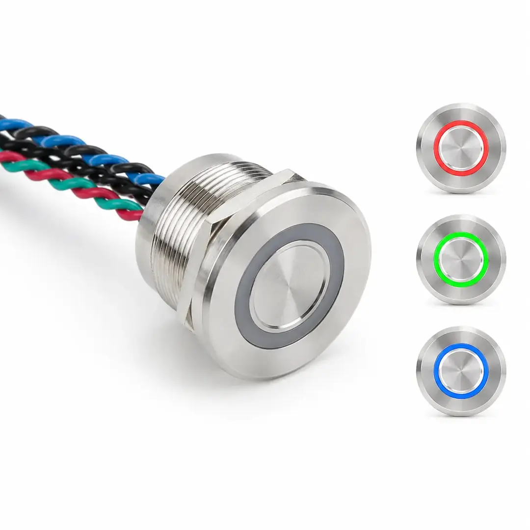 Pulsante piezoelettrico da pannello Ø22 mm in acciaio inox 316L con anello LED RGB mostrato nelle colorazioni rosso, verde e blu.