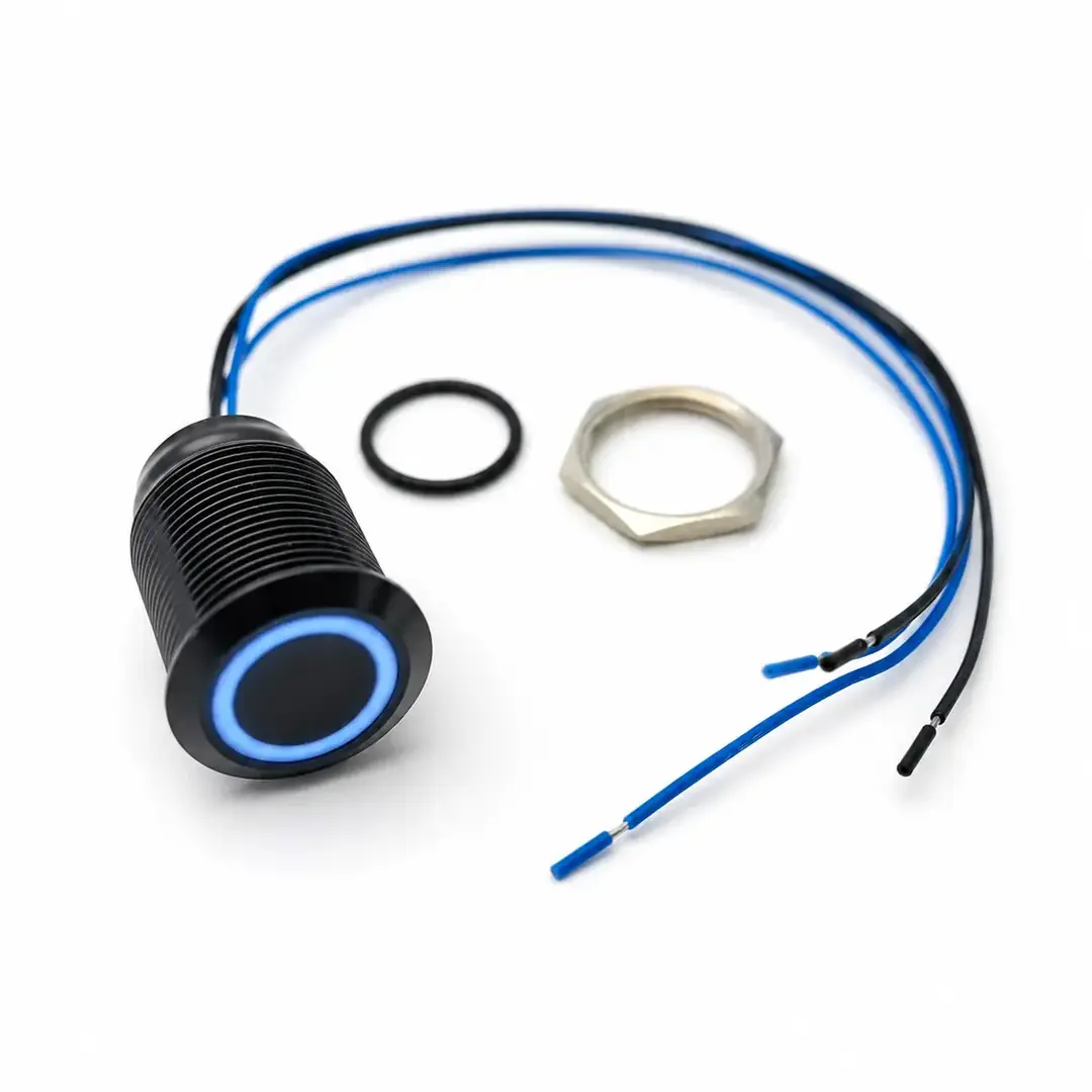 Dettaglio del pulsante classico da pannello con corpo nero in alluminio anodizzato e illuminazione LED blu.