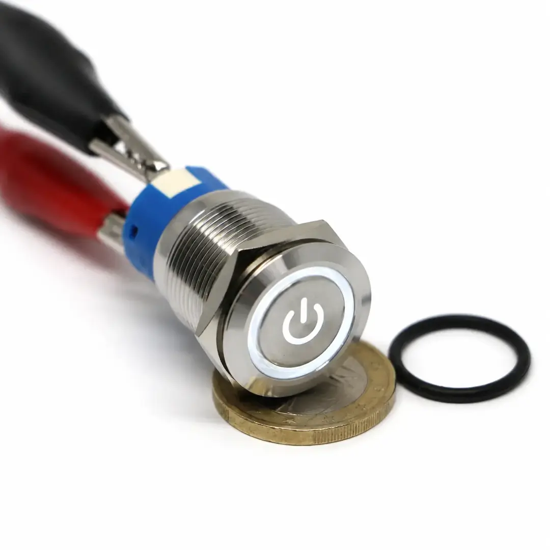 Pulsante monostabile da 19 mm in acciaio inox con simbolo ON e LED bianco illuminato