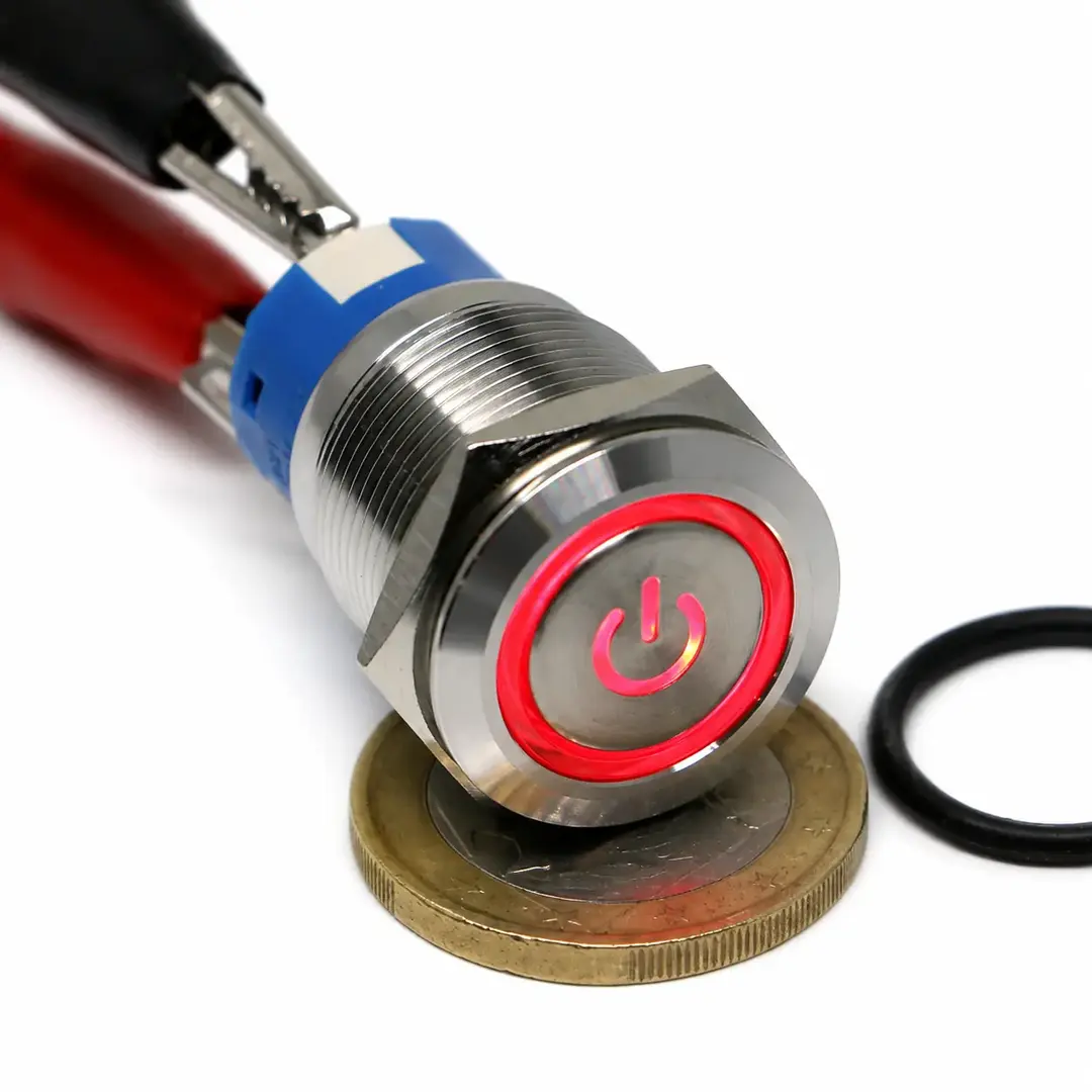 Primo piano del pulsante monostabile da pannello Ø19 mm in acciaio inox con simbolo Power e anello LED rosso 12 V, mostrato con moneta e guarnizione.